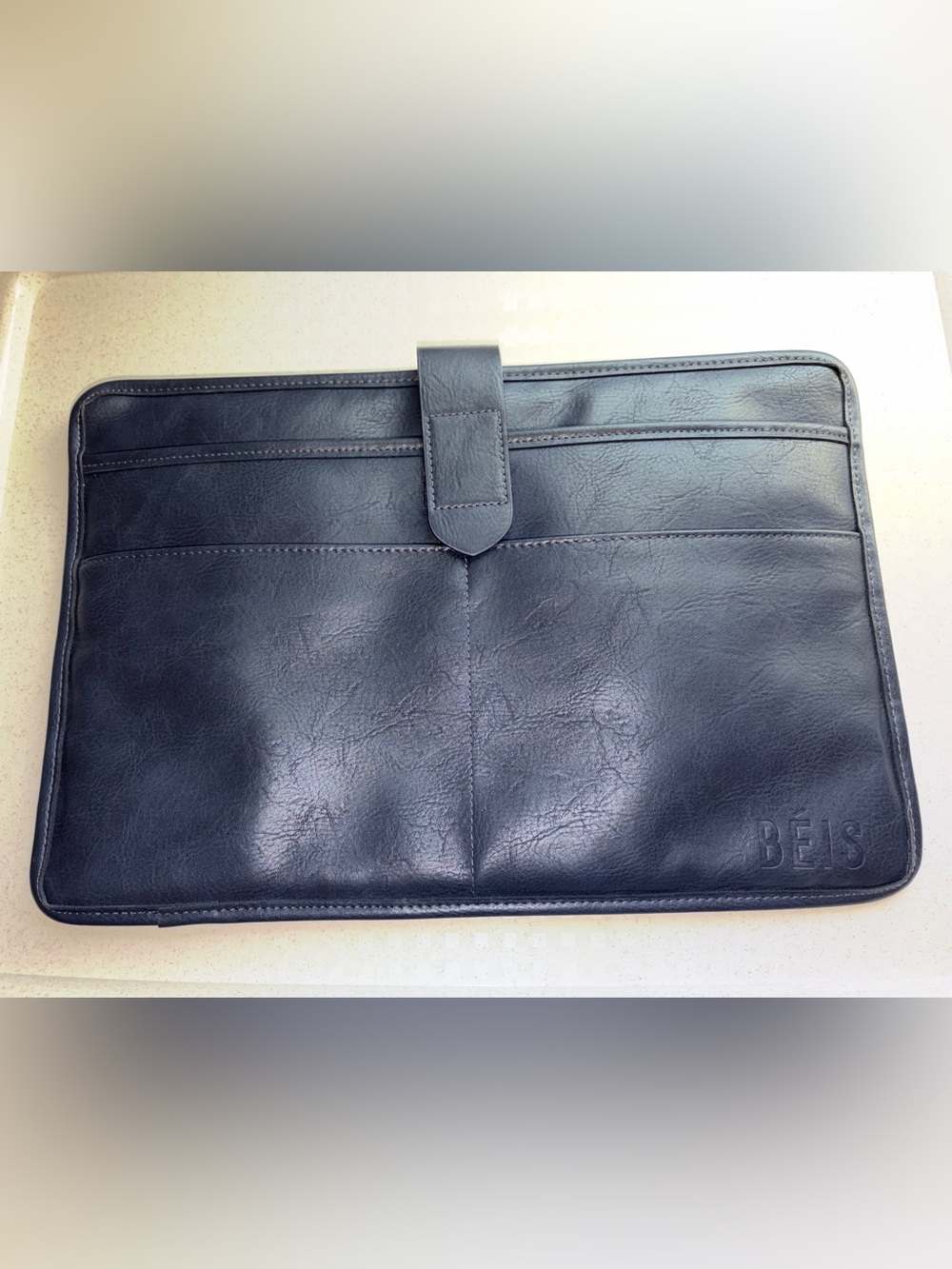 BEIS Laptop Sleeve Portfolio Case Navy blue Faux Leather Travel Organizer EUC